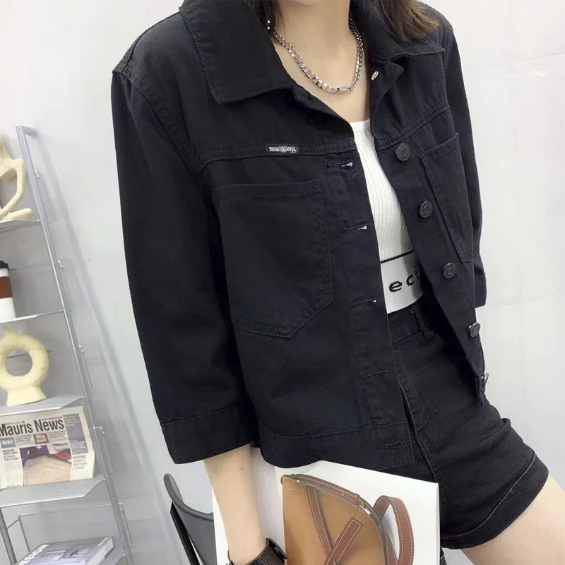 

Spring Korean Black Denim Jackets Women Loose Short Cowboy Outerwear Big Pocket Three Quarter Sleeve Jeans Jacket Coat Female