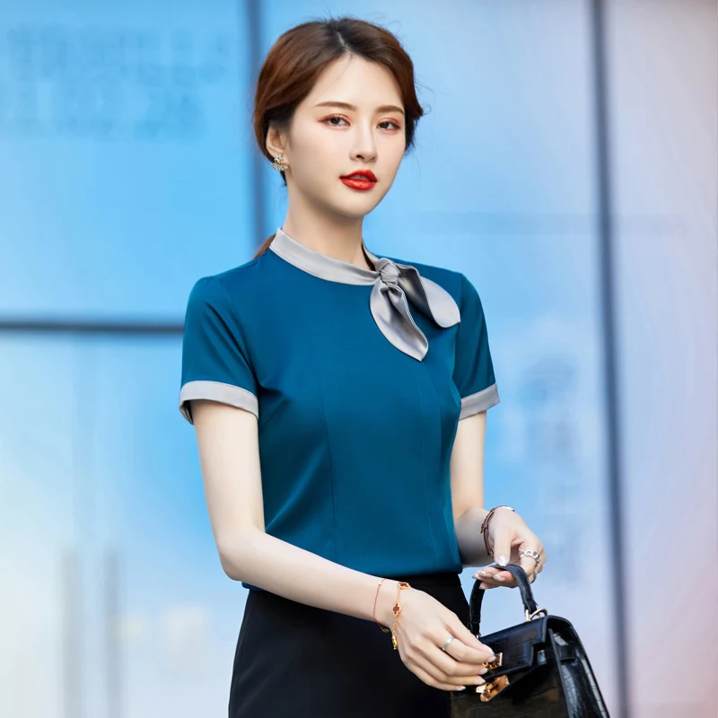 

Summer Fashion Women Blouse & Shirts Short Sleeve Office Ladies Work Wear Top OL Styles Blue
