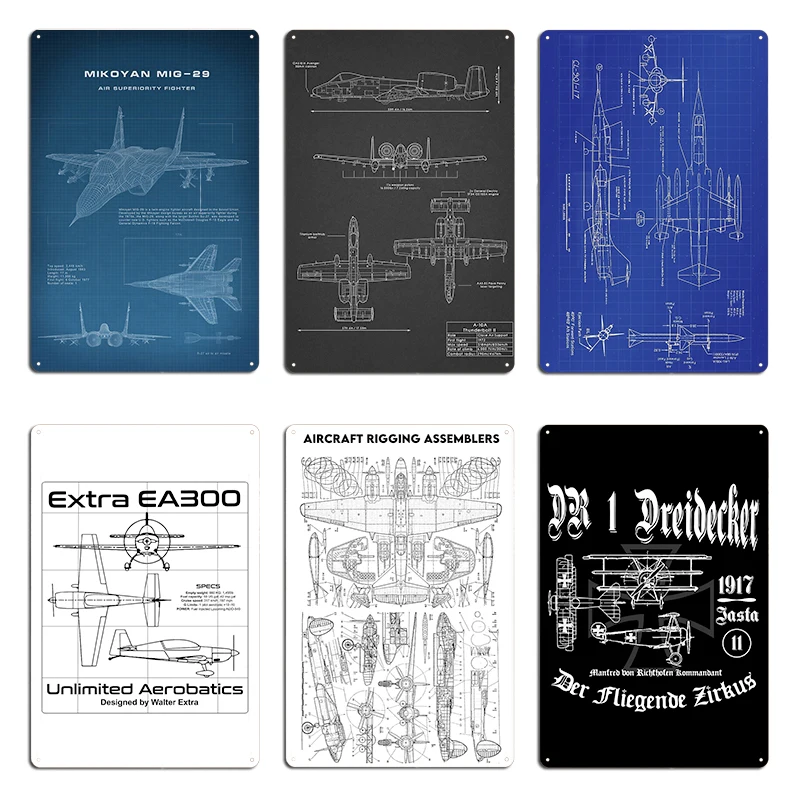 Mikoyan Mig29 Fairchild A-10 Thunderbolt II F-104 и AIM-7 Sparrow Blueprint Металлическая роспись Паб