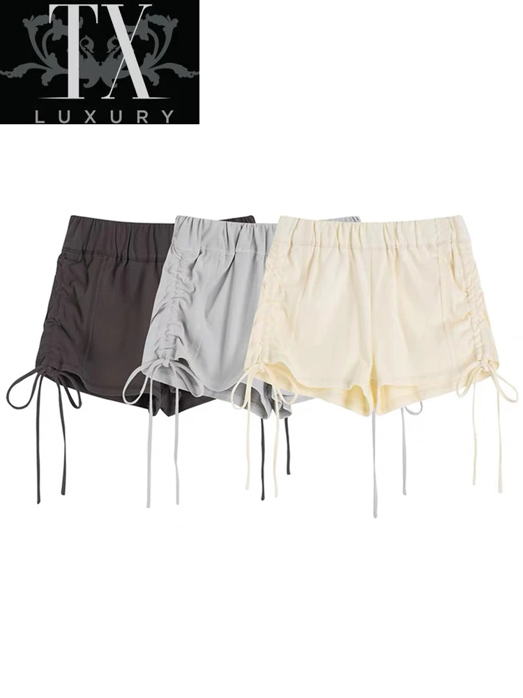 

Summer Loose Women Fashion Casual Fitness Ladies Grey Black Solid High Folds Shorts Elastic Waist 2022 New