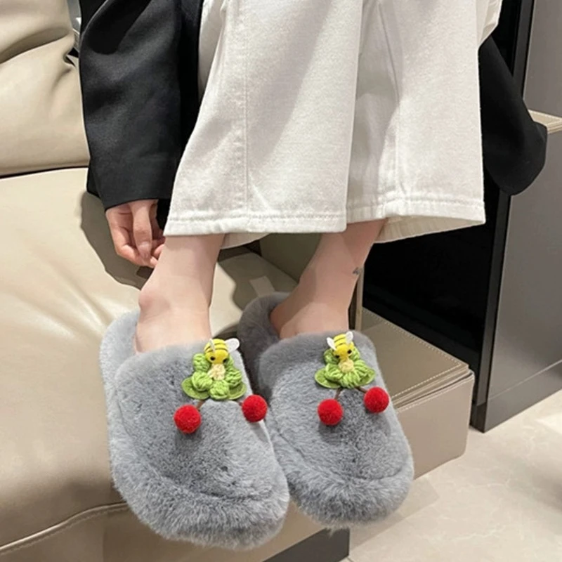 2024 зимняя обувь женские тапочки в виде вишни домашние повседневные пушистые
