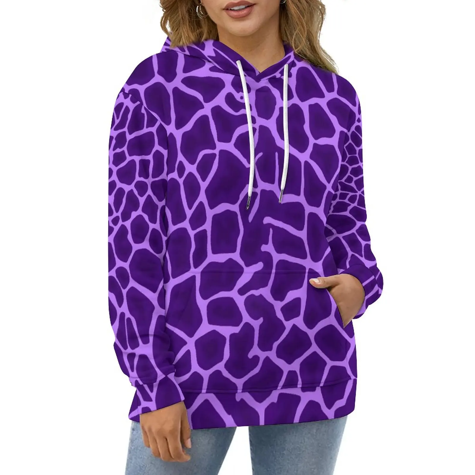 

Giraffe Print Hoodies Long Sleeve Purple Animal Elegant Casual Hoodie Autumn Street Style Oversized Printed Loose Sweatshirts