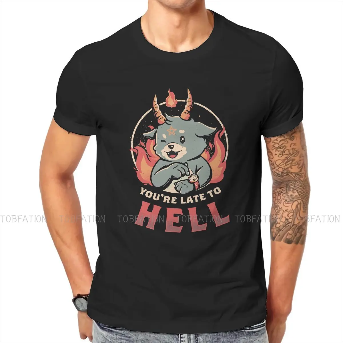 

Late to Hell Cute Evil Creepy Men TShirt Baphomet Satan Lucifer Crewneck Short Sleeve Cotton T Shirt Funny High Quality Gift