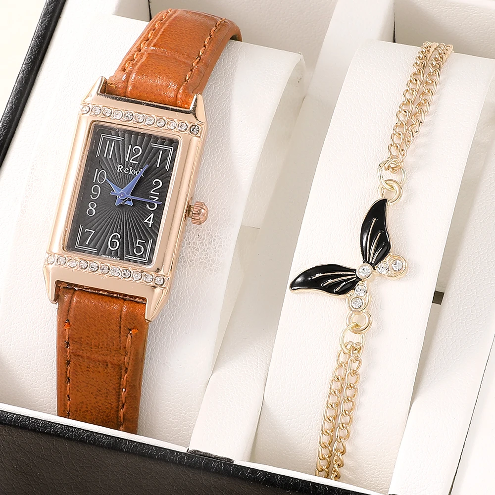 

Vintage Leather Square Watch Exquisite Slim Fitting Diamond Inlaid Quartz Dress Watch With Fashionable Butterfly Bracelet