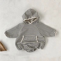 2022 autumn new baby long sleeve striped bodysuit cotton infant hooded clothes fashion baby boy casual jumpsuit girls onesie