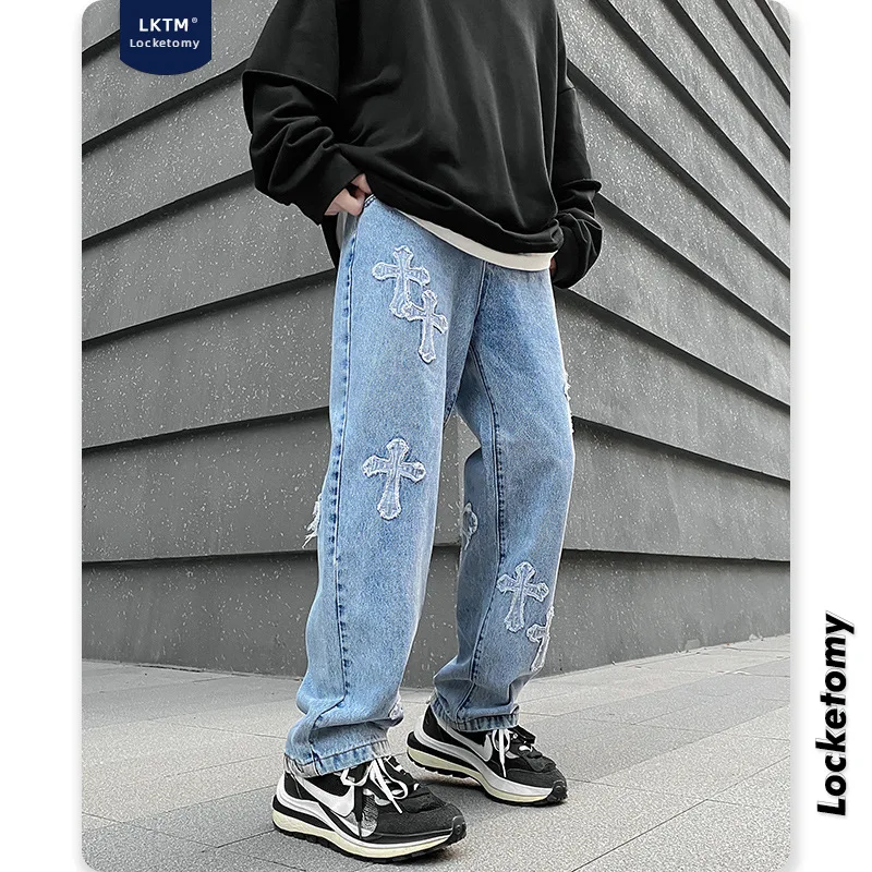 

Men's American High Street Cross Jeans Men's Trend Loose Straight Wide Leg Daddy Long Pants