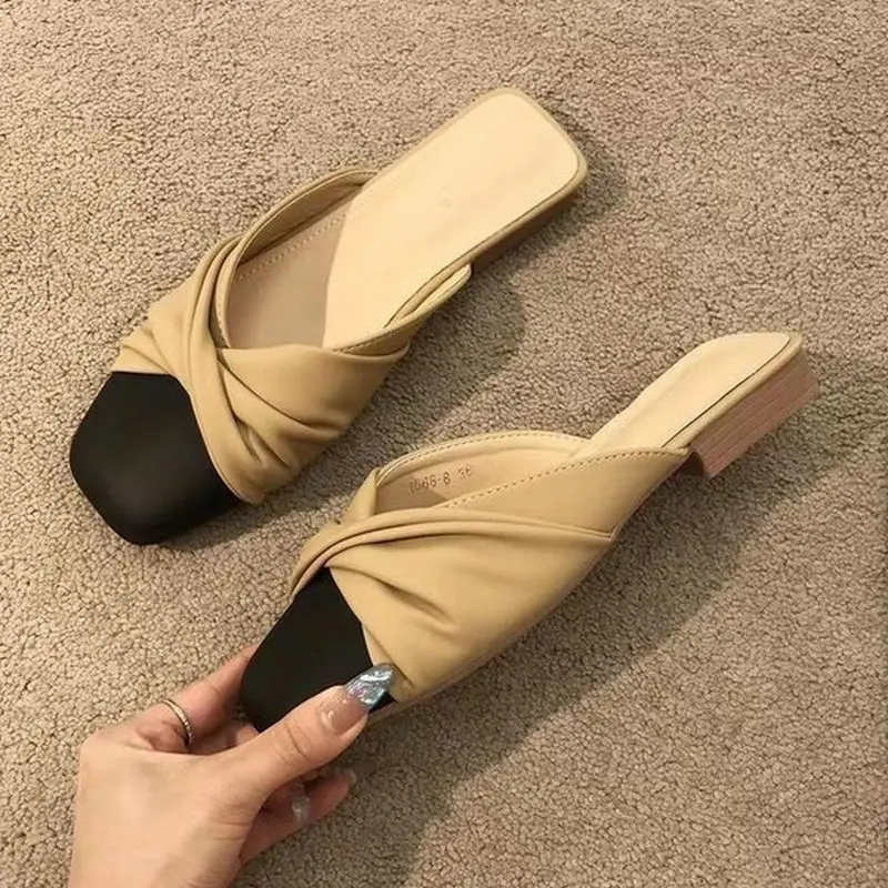 Women Slippers 2023 Fashion Gentle Pleated Lazy Square Toed Flat Mixed Colors Casual Slides Summer Shoes Female Zapatos Para