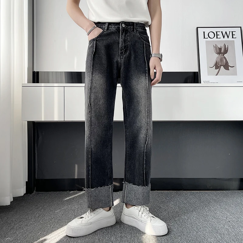EOENKKY/large flanging Men's Jeans Pants Casual Vintage Baggy Clothing Straight Leg Trousers Korean Fashion Man Oversize Pants