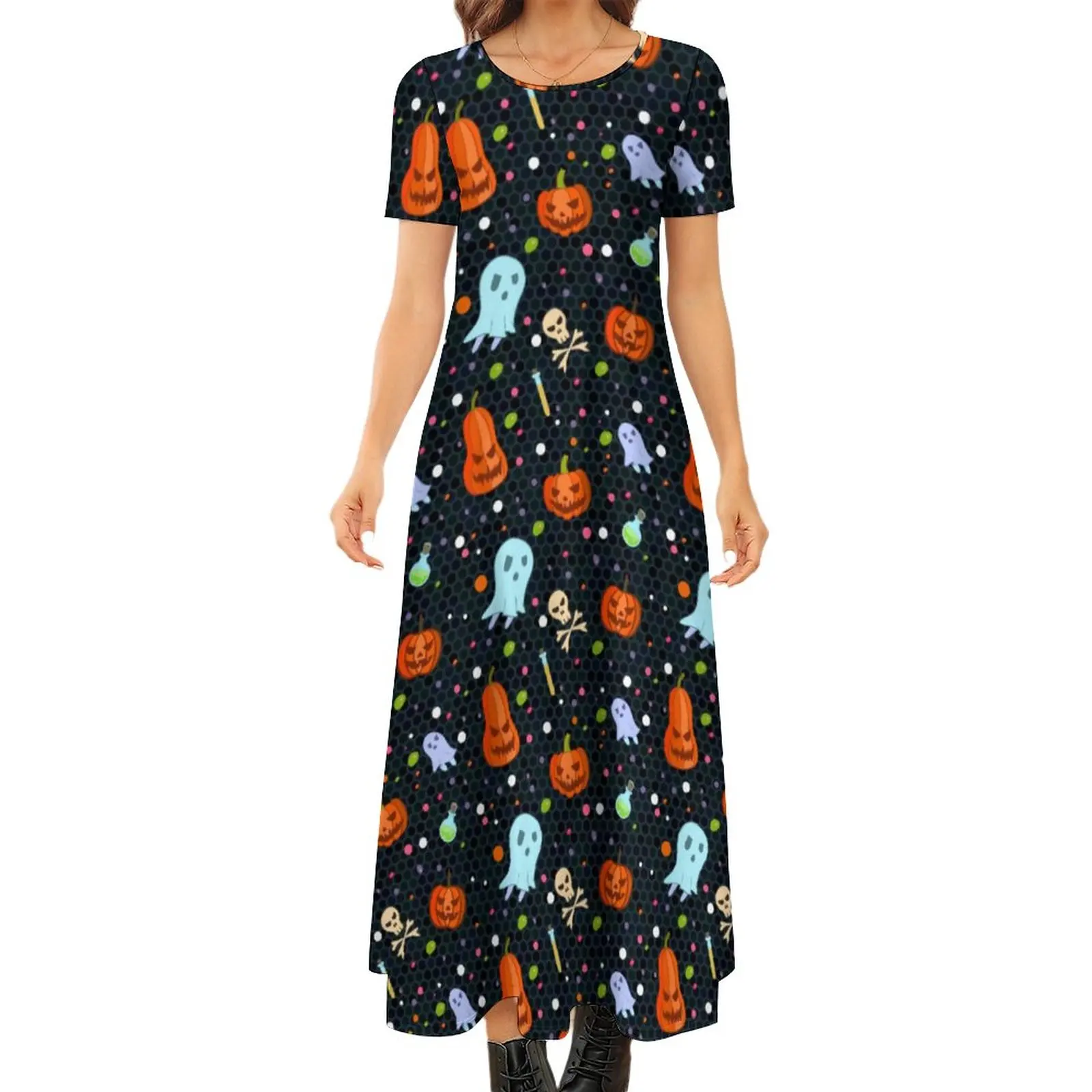 

Spooky Halloween Dress Ghosts And Pumpkins Cute Maxi Dress Female Short Sleeve Fashion Bohemia Long Dresses Big Size 6XL 7XL