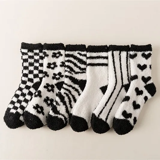 

Striped Floral Women Socks Black White Soft Thick Coral Velvet Winter Warm Home Indoor Floor Terry Towel Fuzzy Sock 10 Pairs