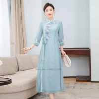 2022 vintage woman cheongsam dress traditional chinese qipao elegant flower embroidery dress vintage tea dress cheongsam dress
