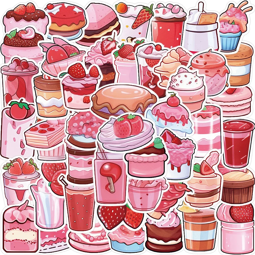 

10/30/50PCS Cute Pink Strawberry Style Cake Dessert Stickers Cartoon Graffiti Decals Decoration Toy DIY Phone Laptop Car Luggage
