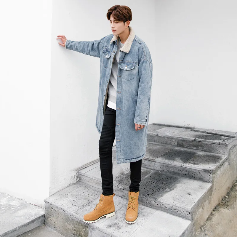 Men's Personalized Literary Loose Denim Cotton Clothes Men's Medium Length Lapel Thickened Coat