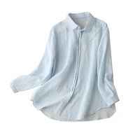 2022 ramie peter pan collar thin shirts for women formal solid summer ladies tops sky blue fashion clothes woman