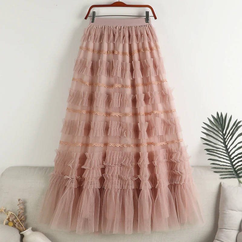 

Mesh A-Line Korean Fashion Elastic Waist Mid-Length Summer Chic Skirts Faldas Mujer Moda All-Match Casual Dropshipping