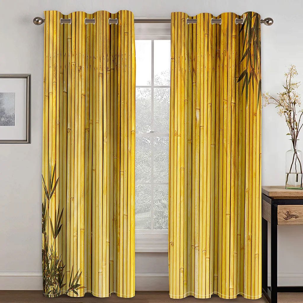 

Yellow Bamboo 3D Printed Curtains for Living Room Bedroom Dining Room Silver Grommet Top Drapes 2PCS Home Decor