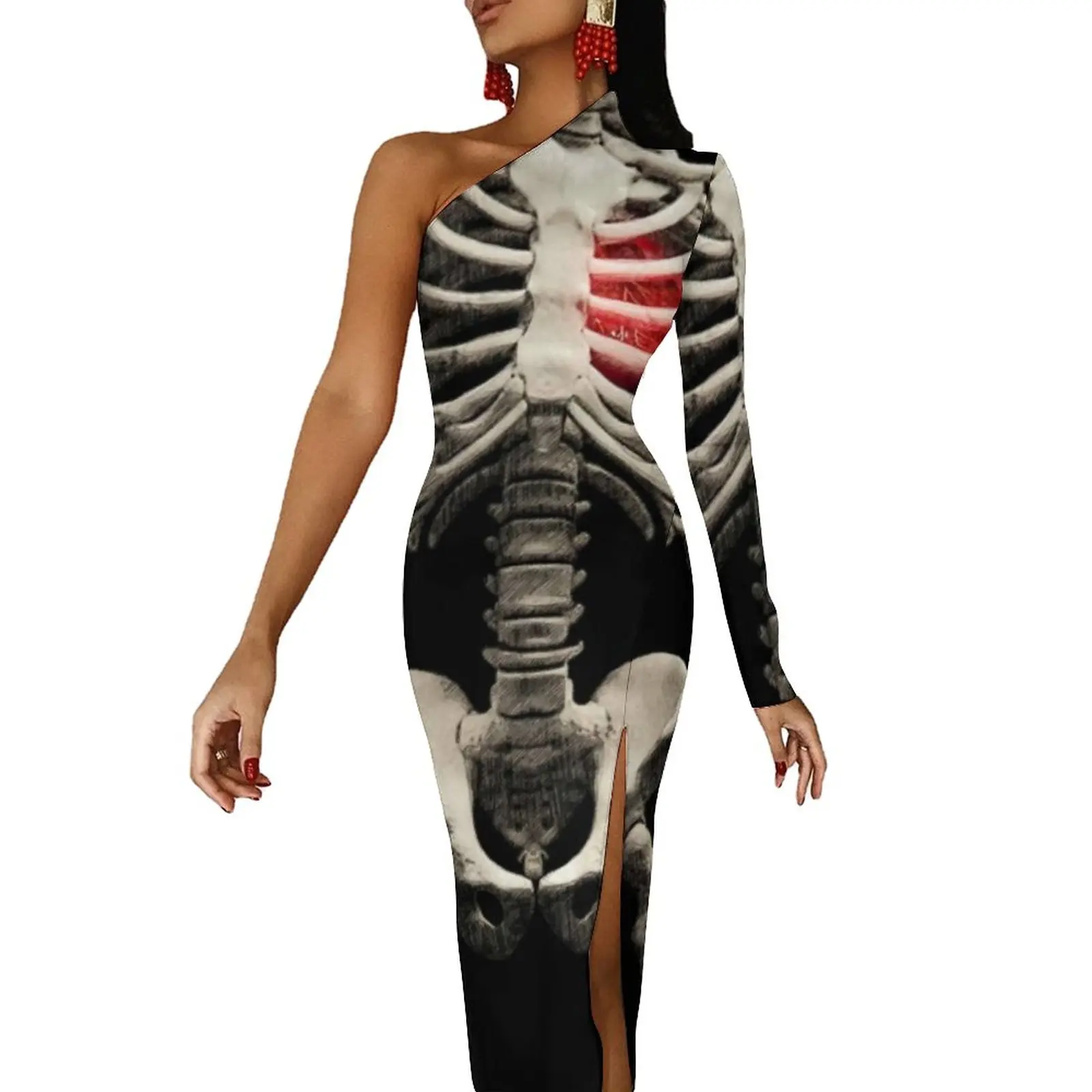 

Halloween Bones Side Split Bodycon Dress Woman Skeleton Art Heart Sexy Maxi Dress Autumn Long Sleeve Party Graphic Dresses Gift