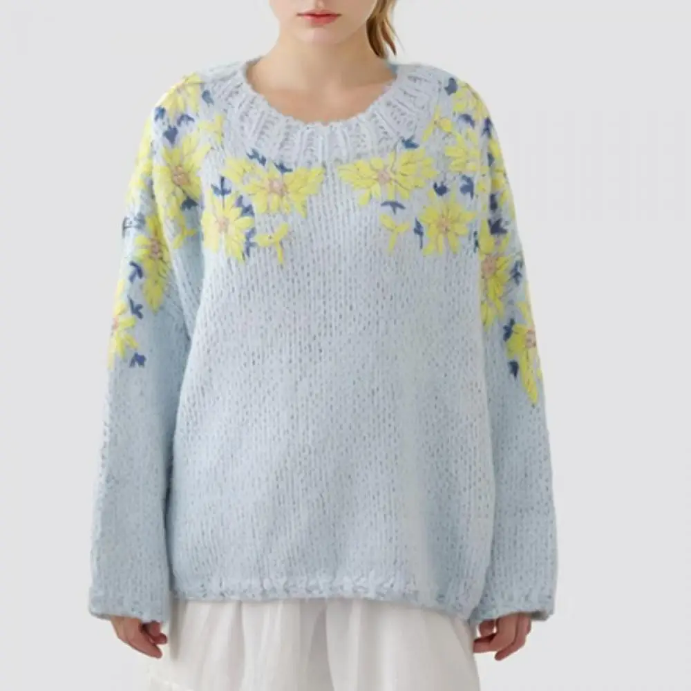 Желтый цветок вышитый вязаный свободный шерстяной пуловер женский с круглым