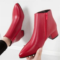 2022 spring non slip women fashion boots ankle short boots pu leather pointed toe square heels booties woman black khaki red