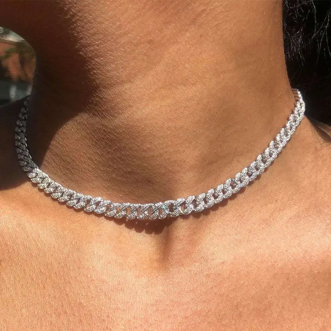 Iced out bling 8mm cz Miami cuban link chain choker necklace for women micro pave cz cuban choker women jewelry