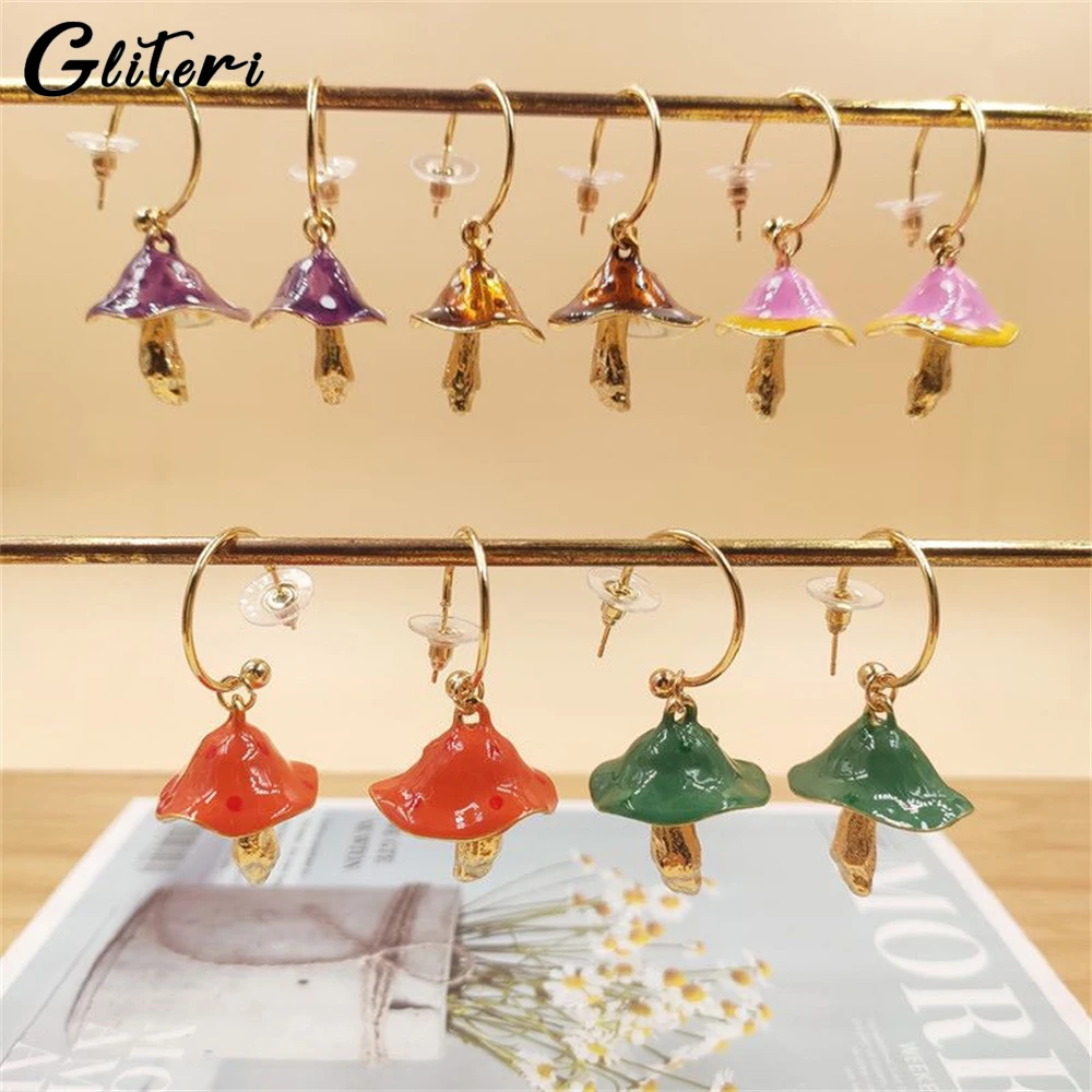GEITERI New Cute Mushrooms Pendant Earrings For Women Girls Kids Purple Oil Drops Hoop Stud Earrings Fashion Jewelry Party Gifts