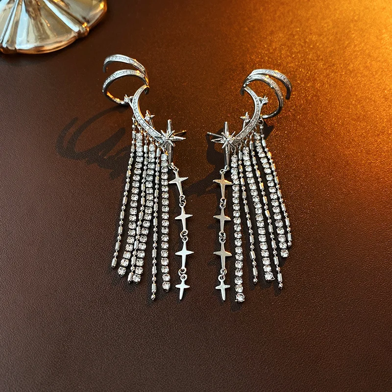 

Minimal Tassel Earrings for Women Diamond Inlaid Zircon Star Earclip Fashionable New Light Luxury Jewelry Party Gift