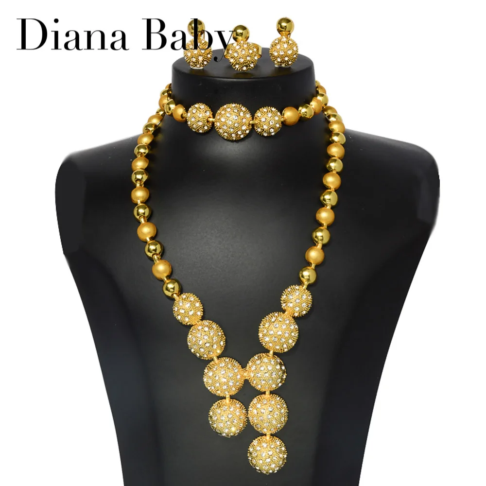 

Набор ювелирных изделий Diana Baby в нигерийском стиле для женщин, популярные серьги, ожерелье, браслет, кольцо с шариками из циркония, подарок в ...