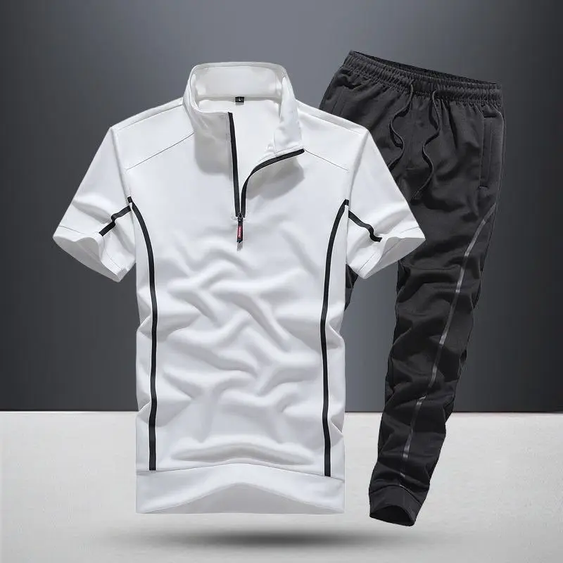 Clothes for Men Summer Short-sleeved Trousers Set Thin Vertical Collar Sportswear New Casual Business Two-piece Set