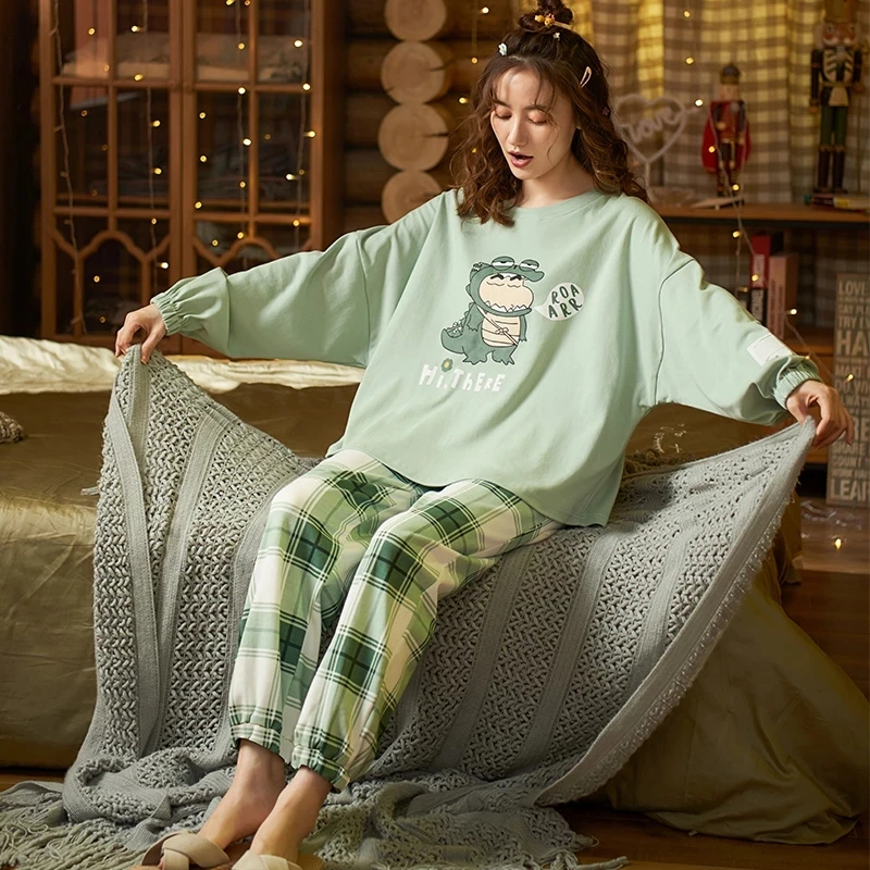 CAIYIER New Cotton Pajamas Set Cartoon Women Casual Sleepwear O-Neck Warm Sweet Nightwear Winter Long Sleeve Outerwear Homewear