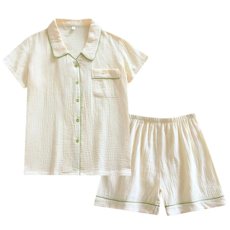 Summer Pajamas Women's Thin Cotton Gauze Solid Color Home Service Turn-down Collar Short-sleeved Shorts Simple Loungewear