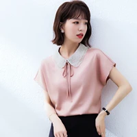 short sleeve office lady acetate satin pink shirts for women 2022 summer bow collar casual blouses new design tops for girls