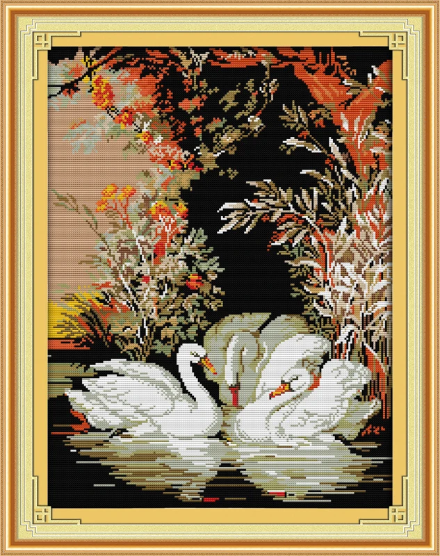 

Joy Sunday Pre-printed Cross Stitch Kit Easy Pattern Aida Stamped Fabric Embroidery Set-Swans In The Lake