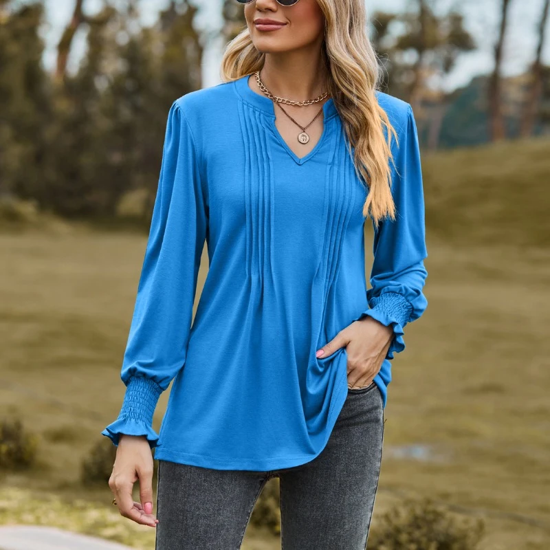 

Women Tops Solid Color Shirt Autumn New Elegant Office Lady Long Puff Sleeve Shirt V-neck Casual Loose Clothes Tops Blusas 28655