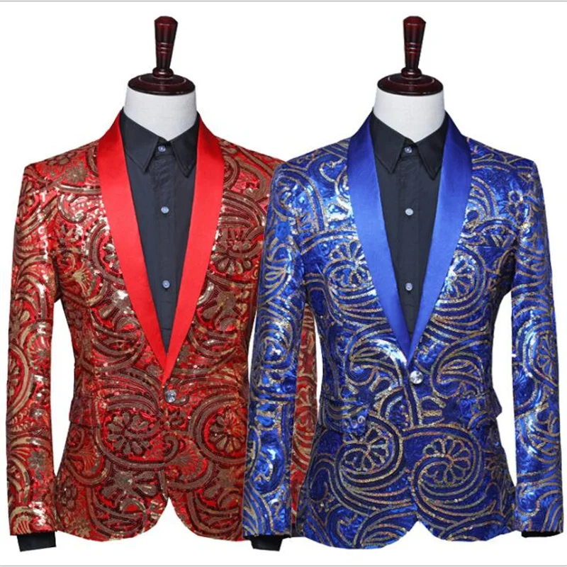 Blazer men suit fashion mens fancy sequins suits costume singer stage long sleeve clothing performance formal dress red blue