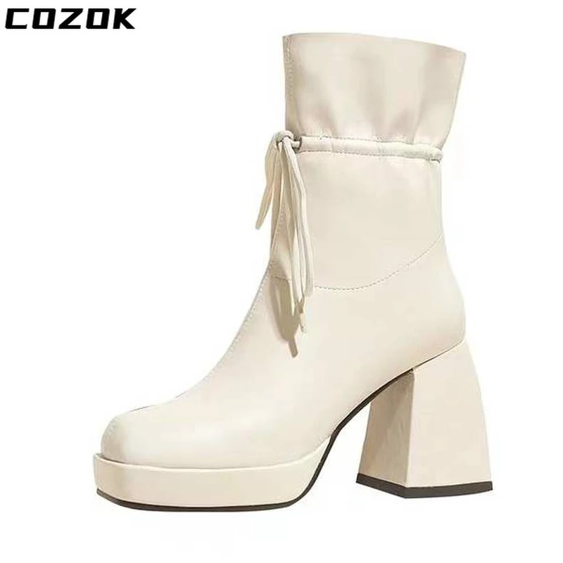 Women Shoes Ankle Boots Shallow Zip Boots Chunky Pumps High Heels Boots Women Dress 2022 Bow Fashion Designer Goth Ladies Shoes
