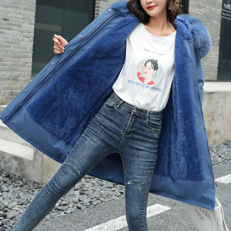 2022 Winter Women Thick Big Fur Coat Hooded Collar Plus Size Down Cotton Liner Jacket Fashion Female Mid-length Outerwear Warm