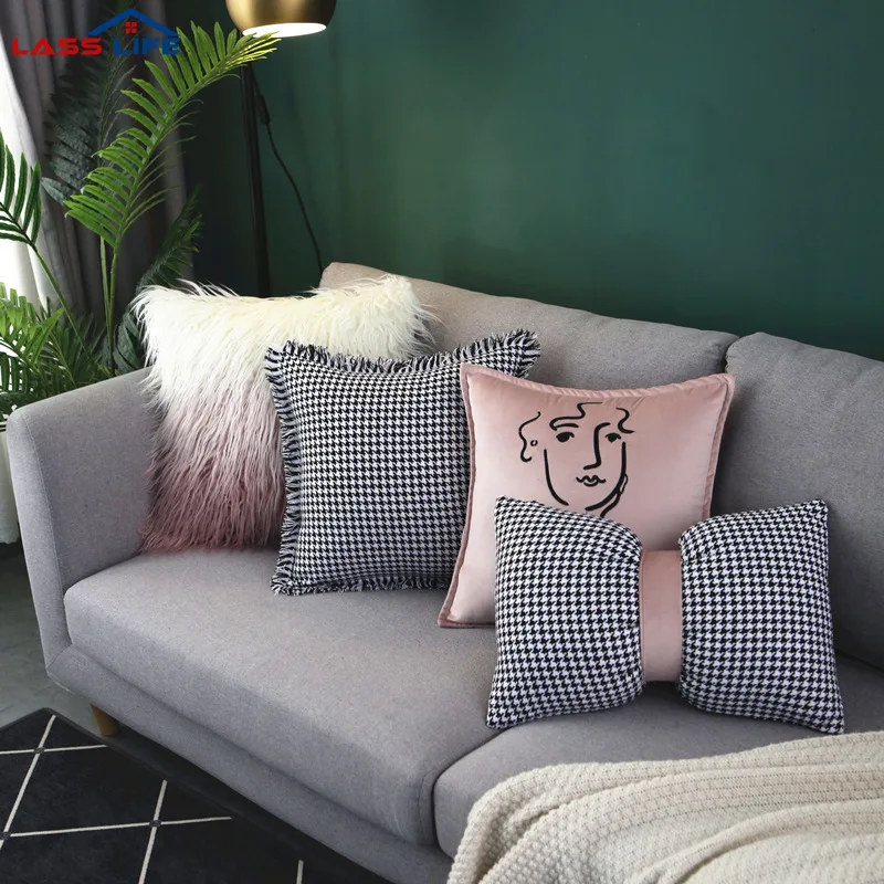 

Houndstooth Decorative Bow-knot Cushion Cover Artificial Wool Sofa Pillow Covers Home Living Room Pillow Cases Throw Pillowcase