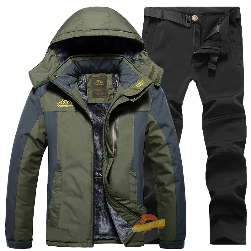 

Men Winter Fishing Clothes Outdoor Fishing Suit Thick Plush Warm Mountaineering Ski Waterproof Fishing Jacket Army Combat Pants