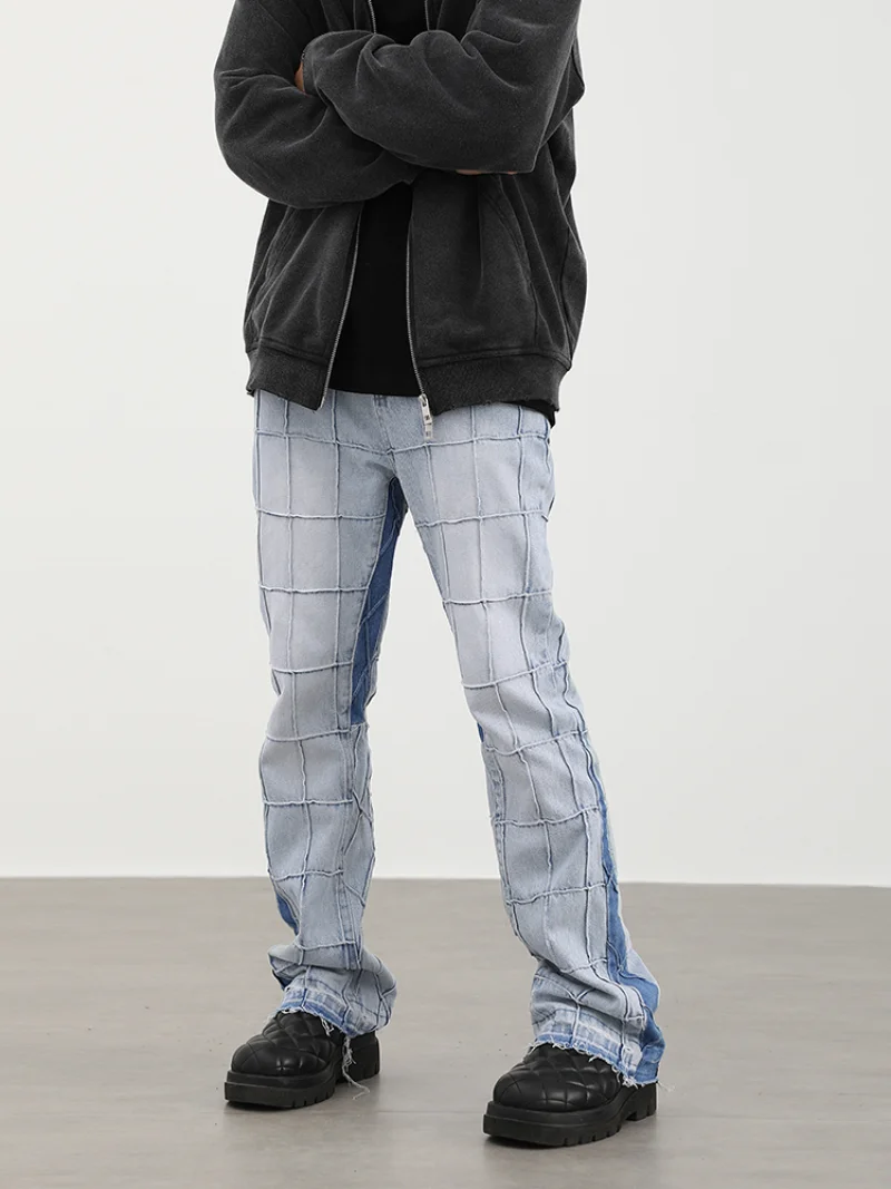 Hip Hip Denim Pants 2023 Mens Streetwear Plaid Ripped Denim Pants Harajuku Cotton Joggers Jeans Trousers Boot Cut Flare Pants