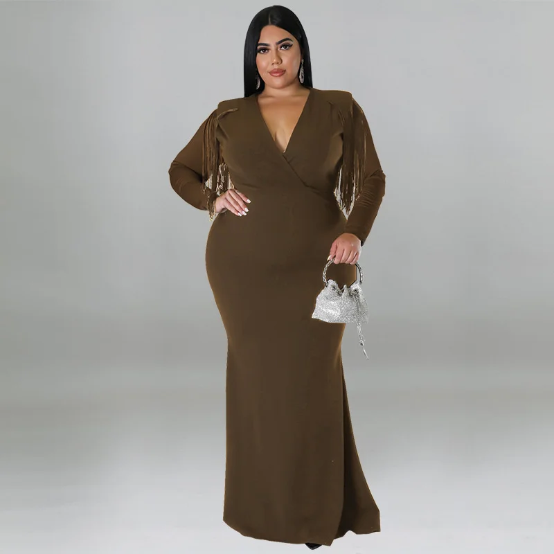 Plus Size Women's Dresses Sexy Long Sleeve Fringe Solid Color Deep V-neck Evening Dress Fashion Casual Elegant Party Dresses