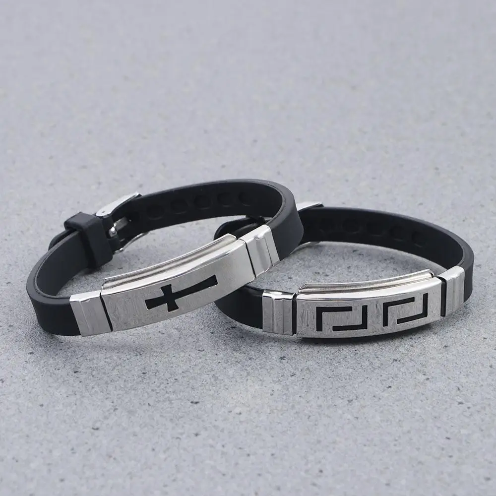 

Fashion Design Cross Stainless Steel Hui Pattern Korean Hand Rope Silicone Bracelet Men Wristband Jewelry Accessories