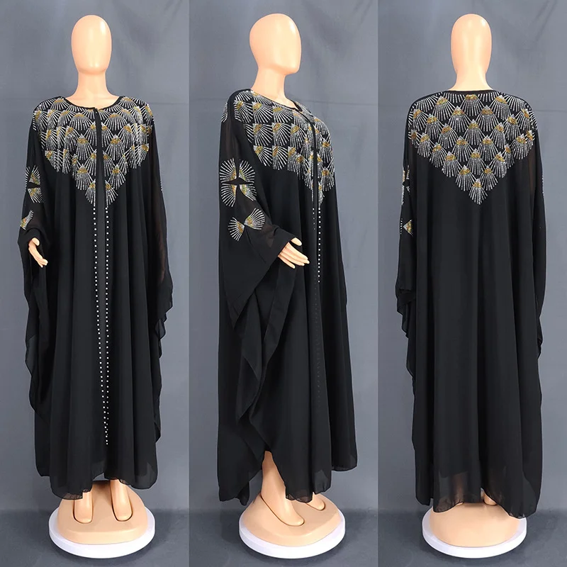 Plus Size Women Clothing Party Dresses Chiffon Heavy Industry Hot Rolled Diamond Beaded Robe Fashion Elegant Female Clothes