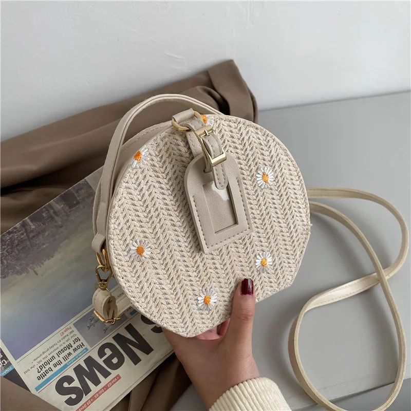 

Women's Straw Weave Round Clutch Bag Ladies Small Shoulder Crossbody Bag 2022 Summer Female Retro Flower Handmade Beach Handbag