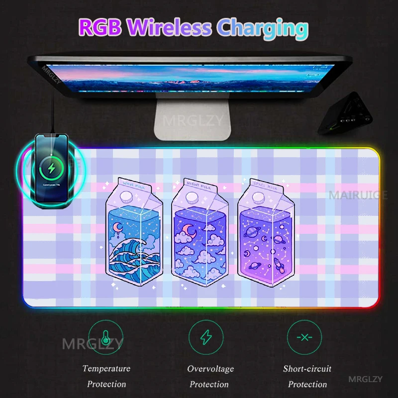 

RGB LED Wireless Charging MousePad Charger Mat Rug Desk Mats Cute Girly Purple Typec Gaming Accessories Mouse Pad XXL Carpets