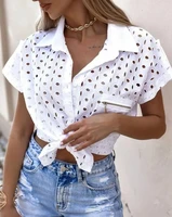 2022 summer new short sleeve crop tops womens shirt fashion eyelet embroidery pocket tops casual v neck button female clothes