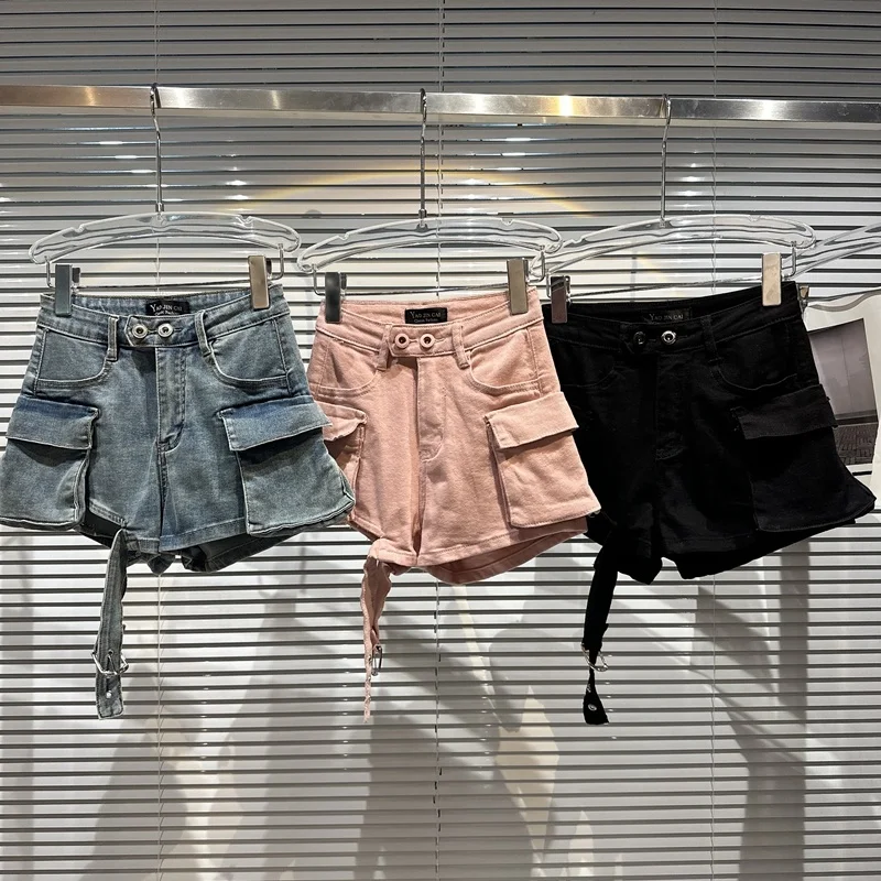 

BORVEMAYS 2023 Summer New Fashion Trend High Waist Solid Color Pockets Bandage Casual Slim Denim Shorts Women WZ1803