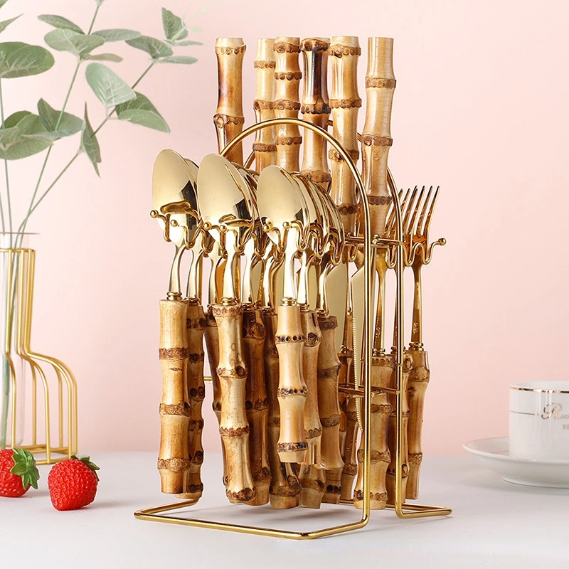 

24/pcs Natural Bamboo Handle Tableware Set Gold Stainless Steel Flatware Set Wood Cutlery Knifes Forks Spoons Set with Organizer