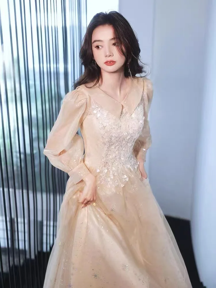 

Elegant Champagne Prom Dress A-line Long Sleeve Chic Appliques Beading Sequined Tulle Wedding Party Graduation Evening Gowns New