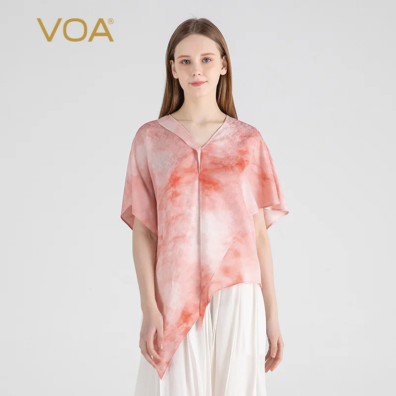 

VOA 22 Momme Jacquard Silk Fantasy Pink V-neck Raglan Short Sleeve Silk Tops Age Reducing Pullover Women T Shirt Summer BE1521
