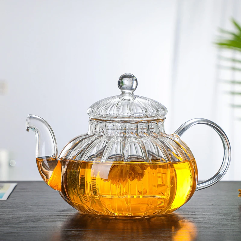 

Термостойкий стеклянный чайник, китайский чай пуэр, варенный чайник, Домашний Прозрачный цветочный чайник в полоску, чайник в форме тыквы